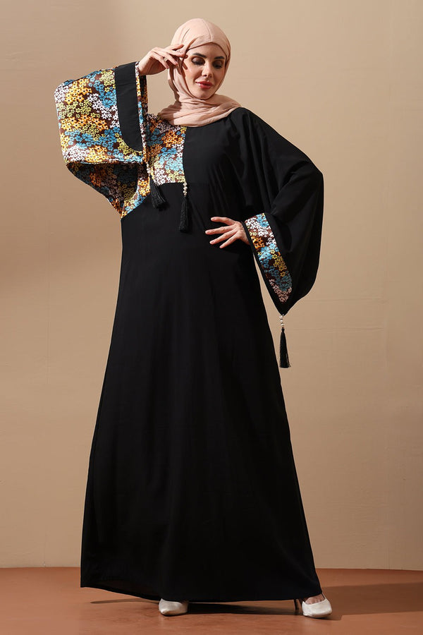 Eastessence presents Lace panel flared abaya dress and hijab set available only at eastessence.com. M / 56 Eastessence presents Lace panel flared abaya dress and hijab set available only at eastessence.com. M / 56