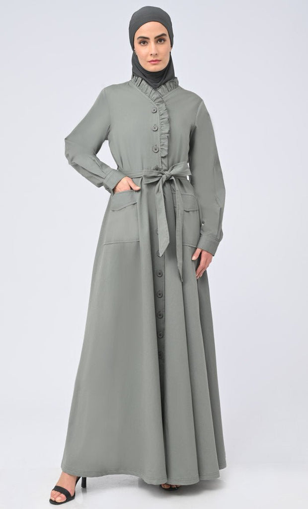 Modest Islamic Twill Frill Detailing Button Down Abaya - Final Sale - EastEssence.com