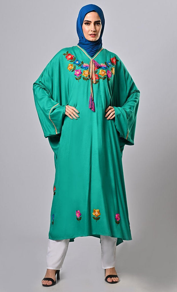 Modest Luxurious kaftan embroidered tunic with tassels - Final Sale - EastEssence.com