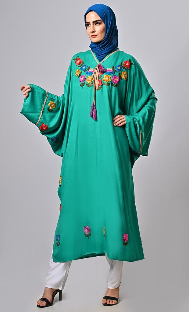 Modest Luxurious kaftan embroidered tunic with tassels - Final Sale - EastEssence.com