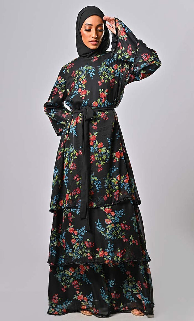 Modest tiered floral printed abaya with intricate lace beads on hem - Final Sale - EastEssence.com