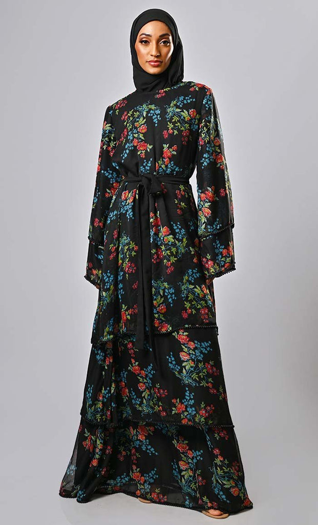 Modest tiered floral printed abaya with intricate lace beads on hem - Final Sale - EastEssence.com