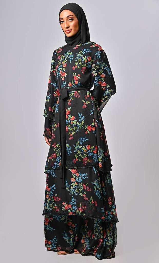 Modest tiered floral printed abaya with intricate lace beads on hem - Final Sale - EastEssence.com