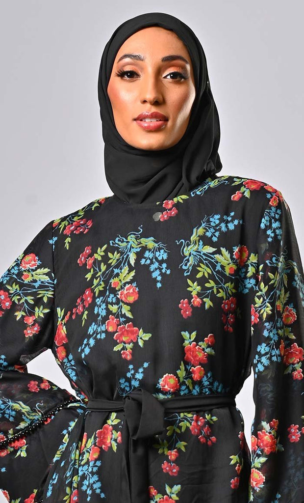 Modest tiered floral printed abaya with intricate lace beads on hem - Final Sale - EastEssence.com