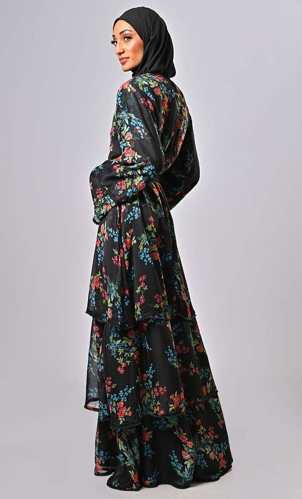 Modest tiered floral printed abaya with intricate lace beads on hem - Final Sale - EastEssence.com