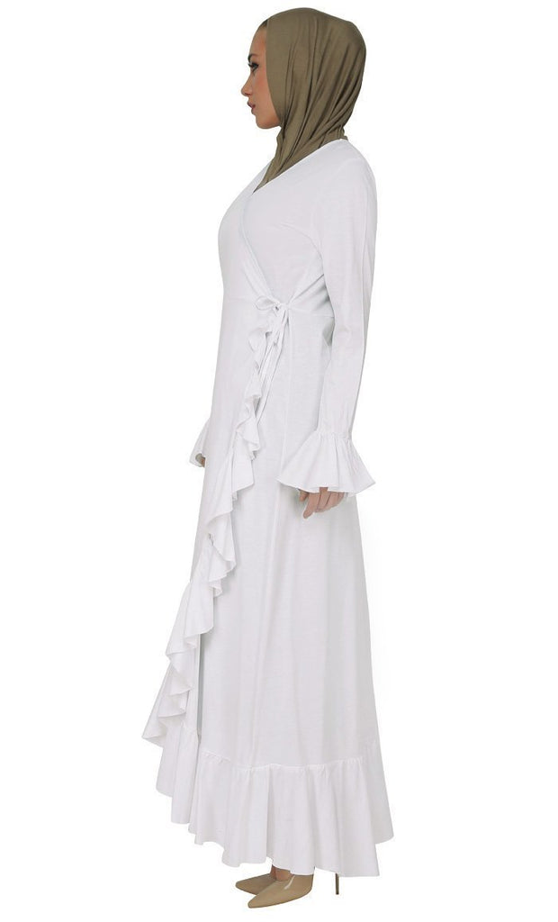 Modest Wear Wrap Around Ruffled Dress - White - Final Sale - EastEssence.com