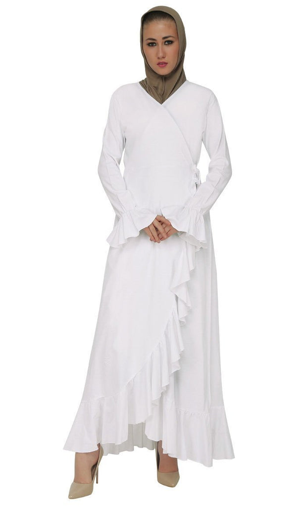 Modest Wear Wrap Around Ruffled Dress - White - Final Sale - EastEssence.com