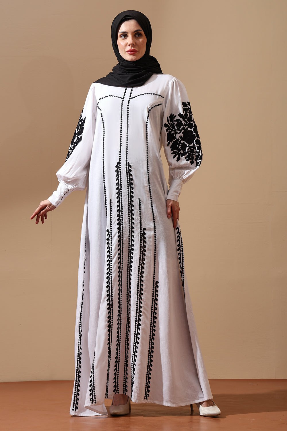 Monochrome Grace Embroidered Maxi Dress - EastEssence.com