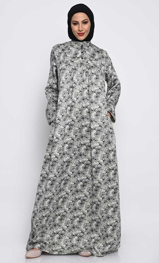 Moss Crepe Printed Abaya with Mandarin Collar - EastEssence.com