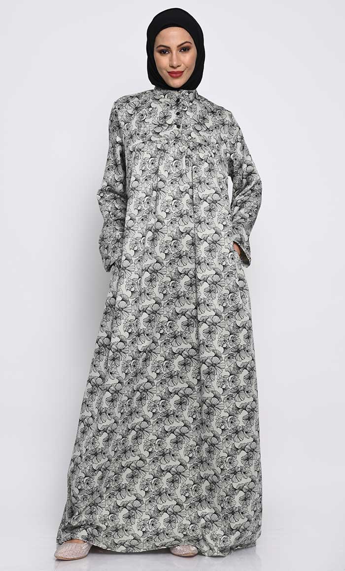 Moss Crepe Printed Abaya with Mandarin Collar