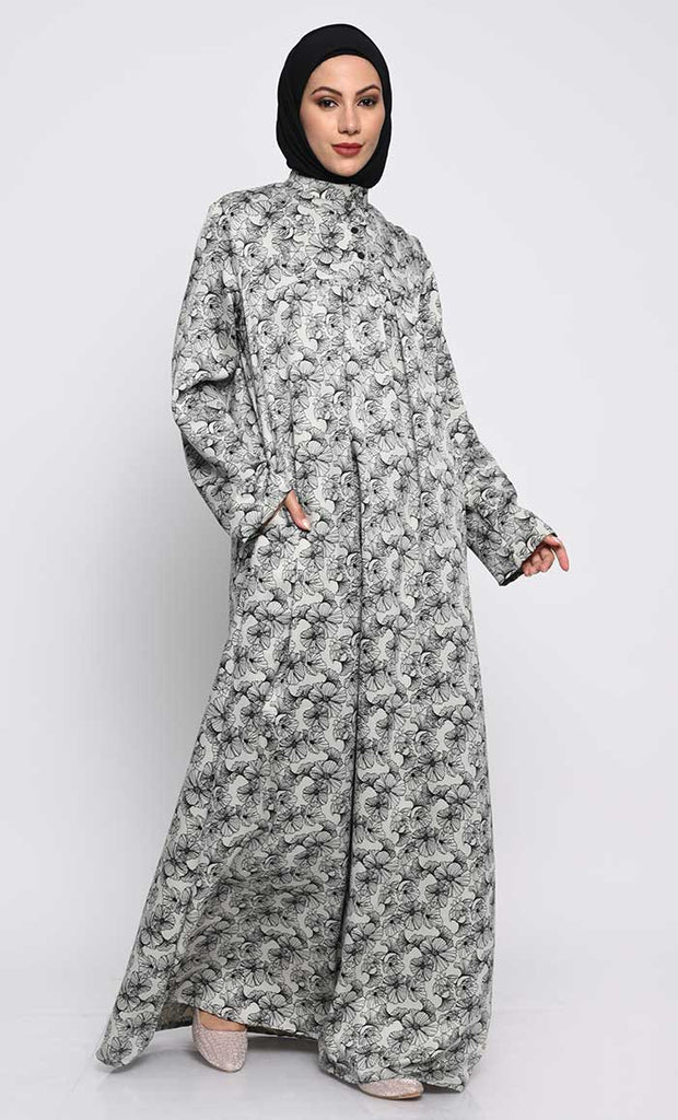 Moss Crepe Printed Abaya with Mandarin Collar - EastEssence.com