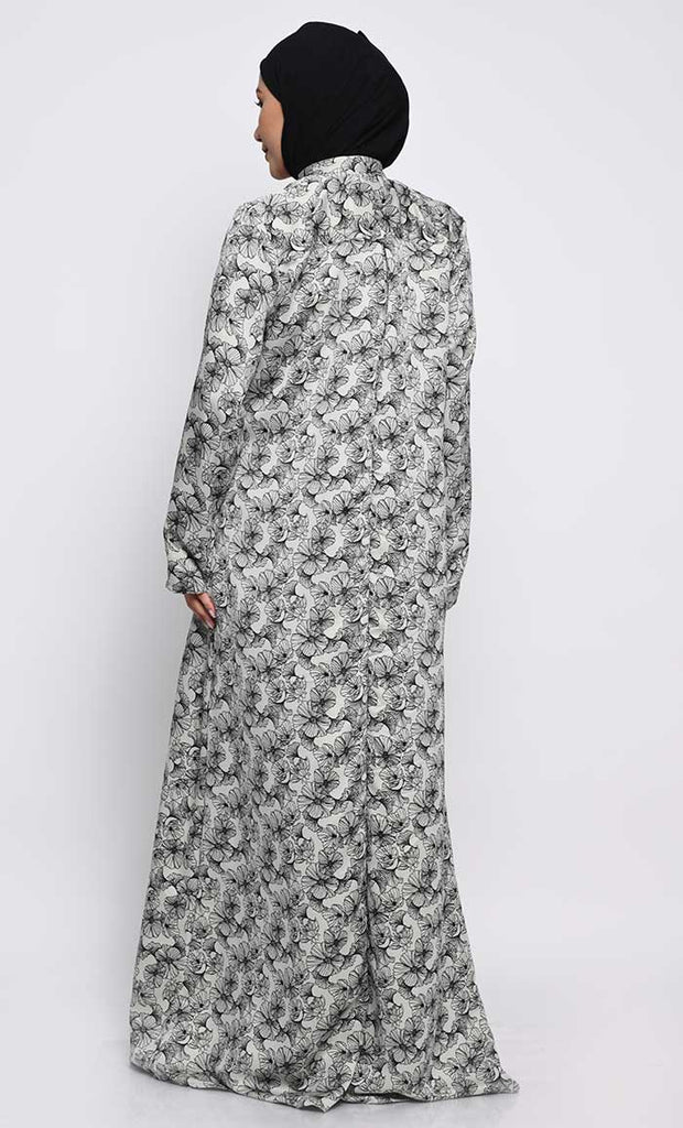 Moss Crepe Printed Abaya with Mandarin Collar - EastEssence.com