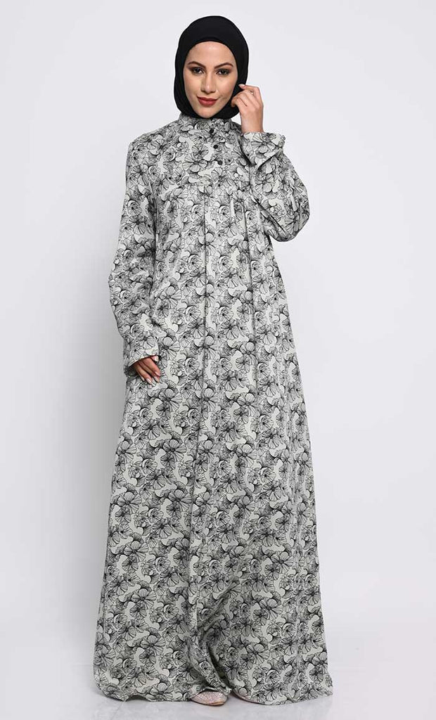 Moss Crepe Printed Abaya with Mandarin Collar - EastEssence.com