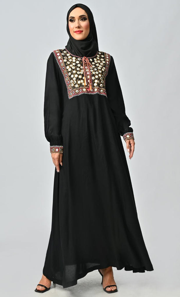 Munira Islamic Mirror Work Embroidered Abaya