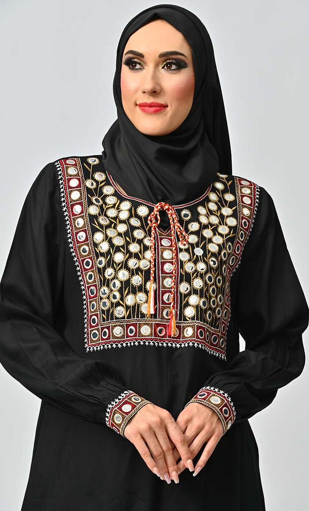 Munira Islamic Mirror Work Embroidered Abaya