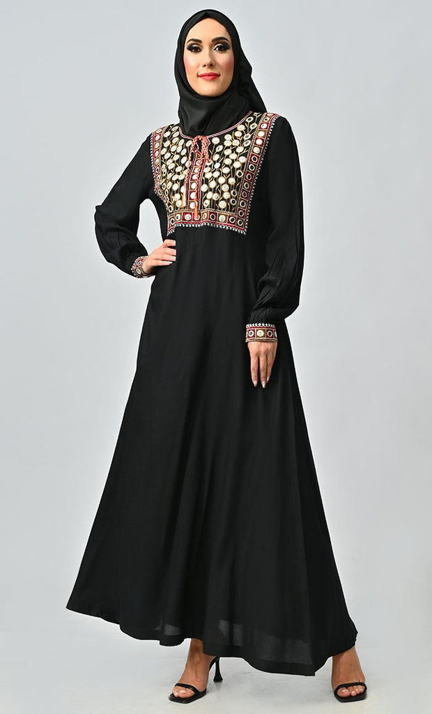 Munira Islamic Mirror Work Embroidered Abaya