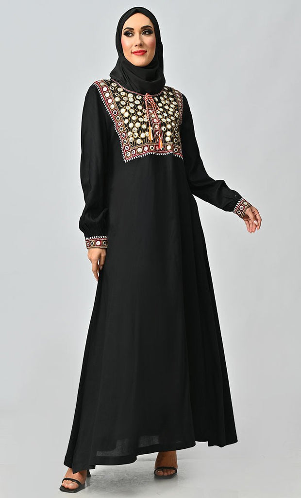 Munira Islamic Mirror Work Embroidered Abaya