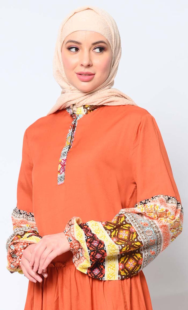 Mystic Bloom: Printed Adobe Abaya with Low Waist Gathers and Pockets - EastEssence.com