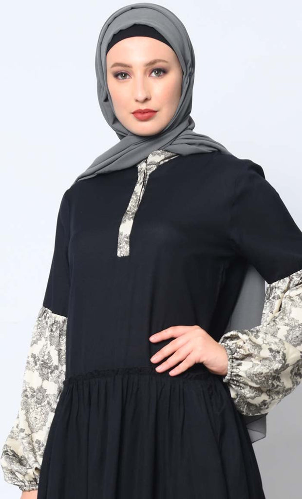 Mystic Bloom: Printed Black Abaya with Low Waist Gathers and Pockets - EastEssence.com