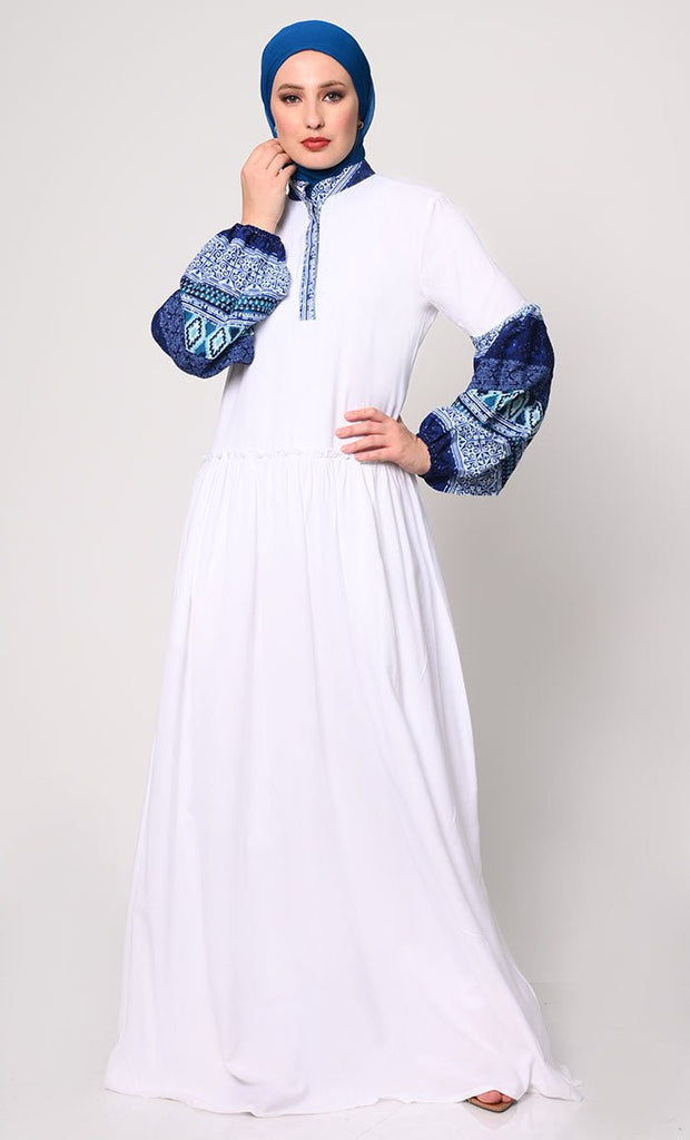 Mystic Bloom: Printed White Abaya with Low Waist Gathers and Pockets - EastEssence.com