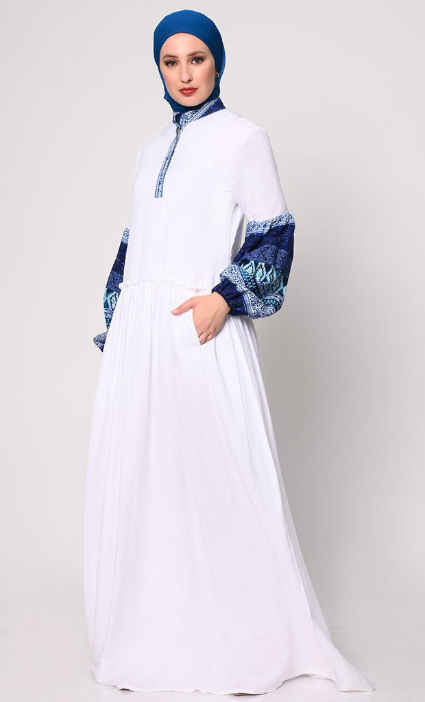 Mystic Bloom: Printed White Abaya with Low Waist Gathers and Pockets - EastEssence.com