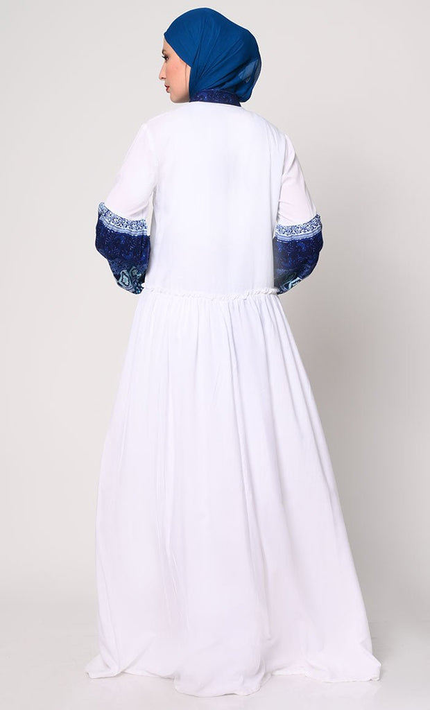 Mystic Bloom: Printed White Abaya with Low Waist Gathers and Pockets - EastEssence.com