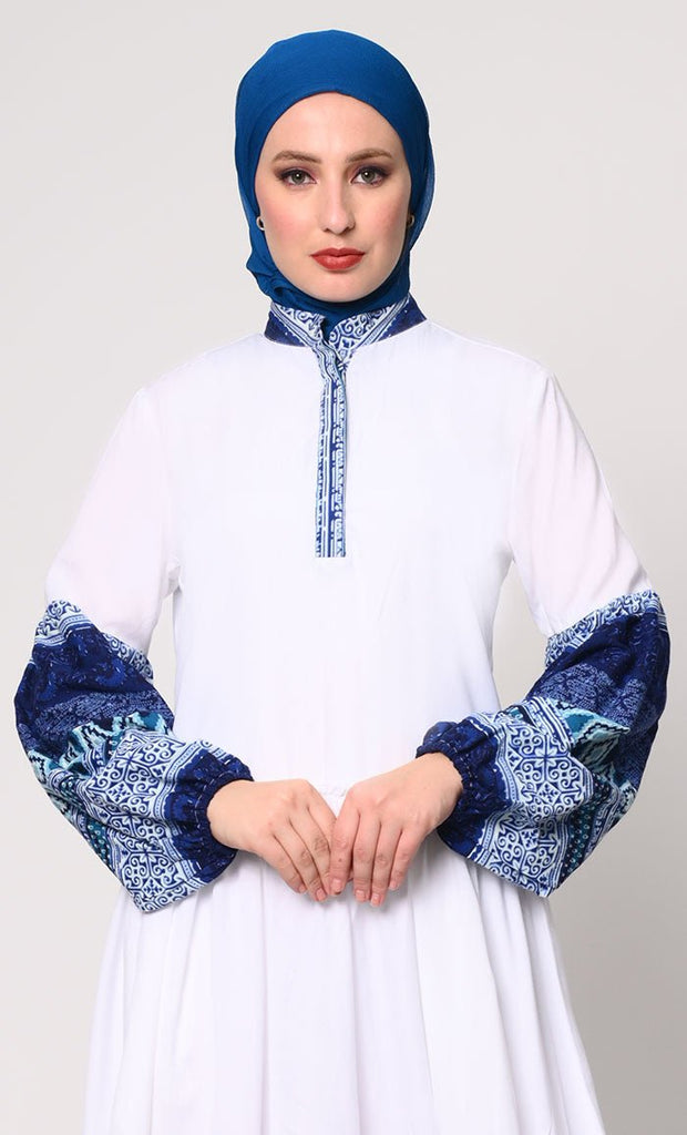 Mystic Bloom: Printed White Abaya with Low Waist Gathers and Pockets - EastEssence.com