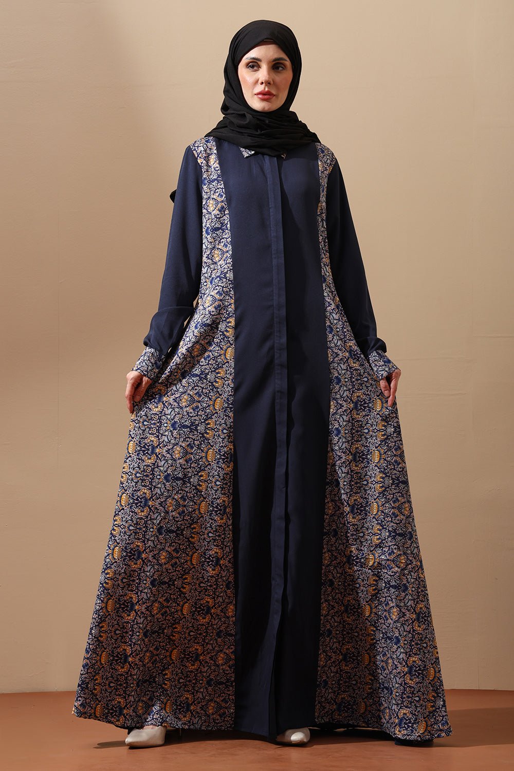 Navy Blue Printed Panel Abaya - EastEssence.com