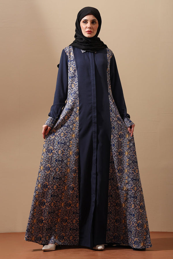 Navy Blue Printed Panel Abaya - EastEssence.com