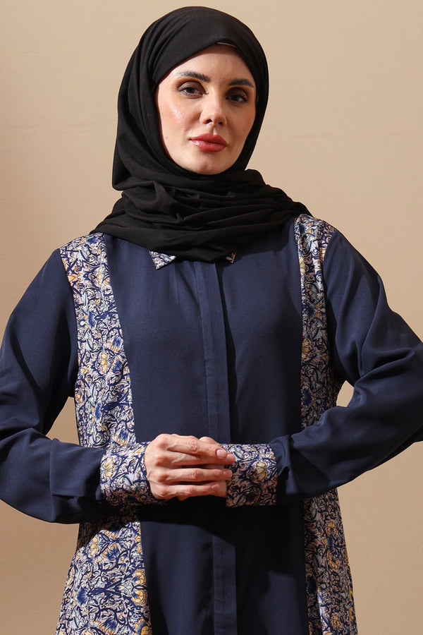 Navy Blue Printed Panel Abaya - EastEssence.com