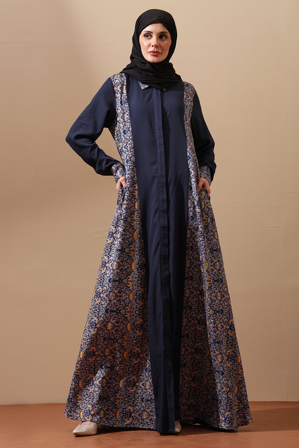 Navy Blue Printed Panel Abaya - EastEssence.com