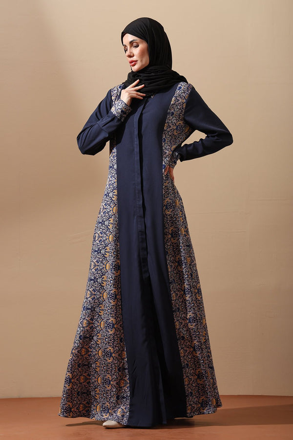 Navy Blue Printed Panel Abaya - EastEssence.com