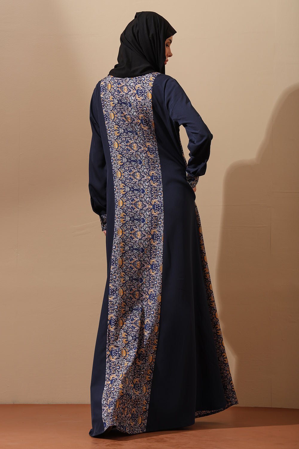 Navy Blue Printed Panel Abaya - EastEssence.com