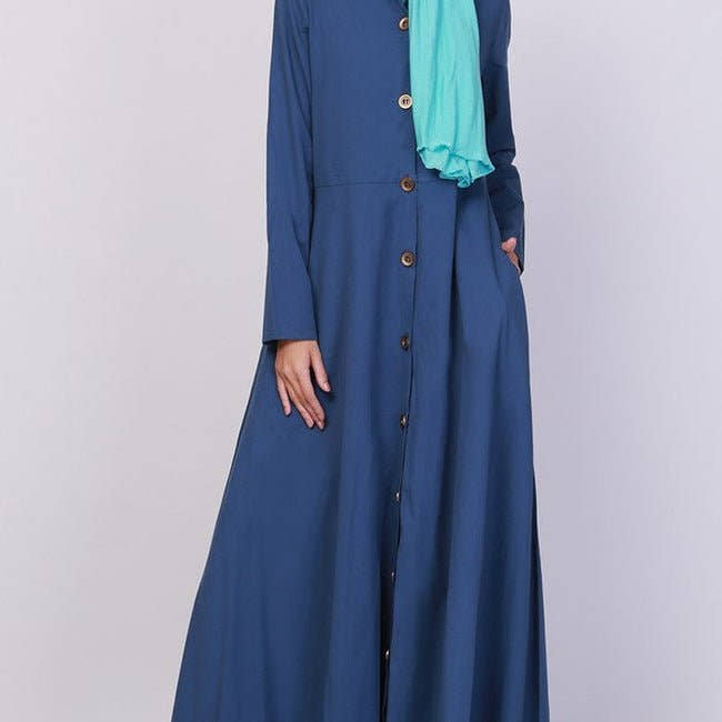 Navy Button Down Short Collared Long Abaya Dress - EastEssence.com