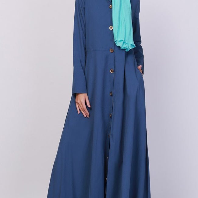 Navy Button Down Short Collared Long Abaya Dress