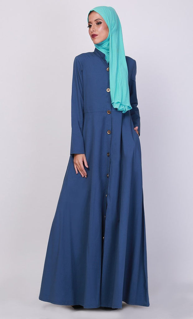 Navy Button Down Short Collared Long Abaya Dress - Final Sale - EastEssence.com