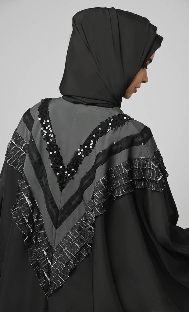 Nazneen Black Intricate Lace Detailing Kaftan Long Abaya - Final Sale - EastEssence.com