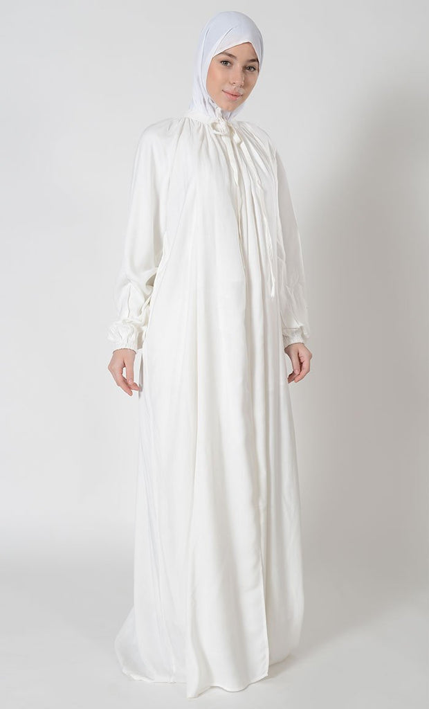 Necktie Hajj Umrah front open pleated Abaya dress with Lining - Final Sale - EastEssence.com