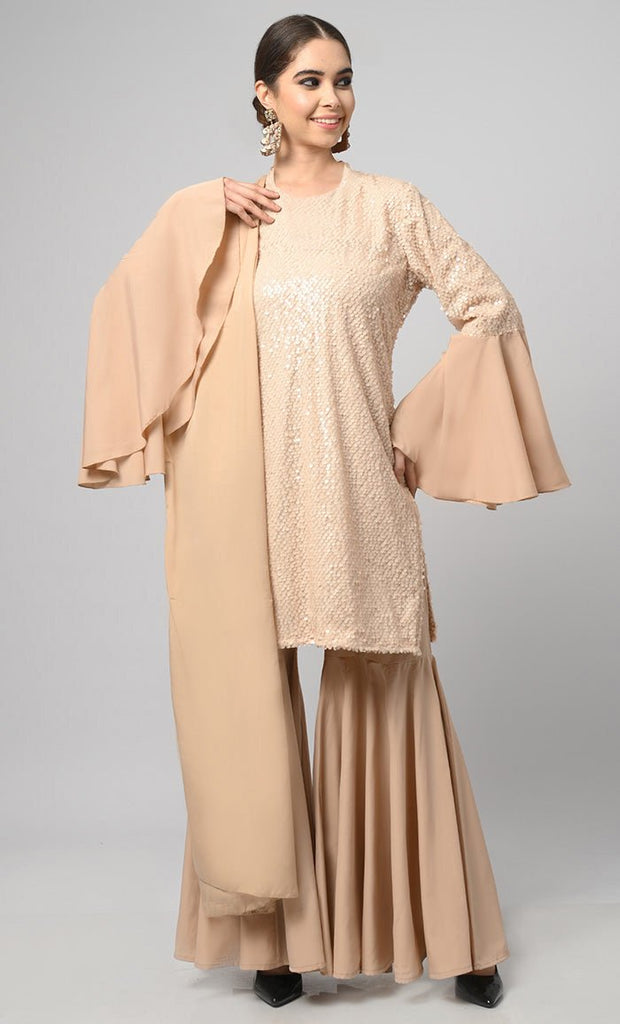 Neutral Sequins Designer Flared Palazzo Kurta Set With Duppata - Final Sale - EastEssence.com