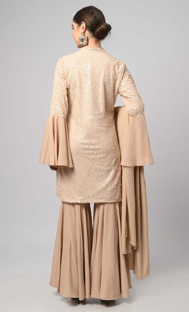 Neutral Sequins Designer Flared Palazzo Kurta Set With Duppata - Final Sale - EastEssence.com