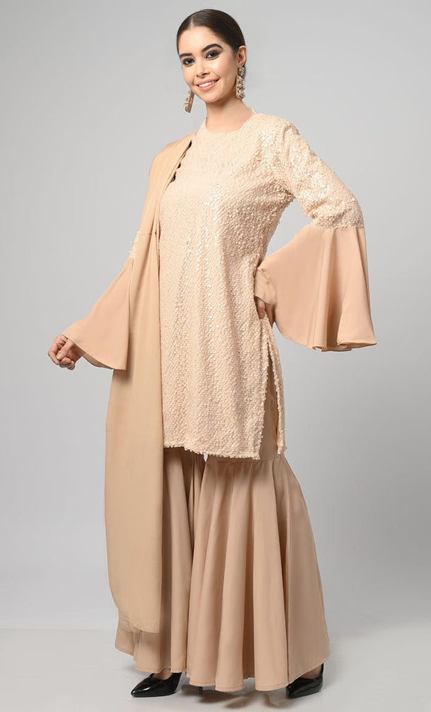 Neutral Sequins Designer Flared Palazzo Kurta Set With Duppata - Final Sale - EastEssence.com