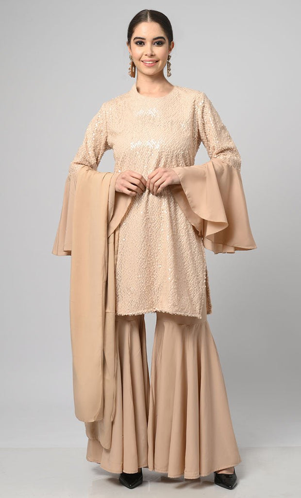 Neutral Sequins Designer Flared Palazzo Kurta Set With Duppata - Final Sale - EastEssence.com