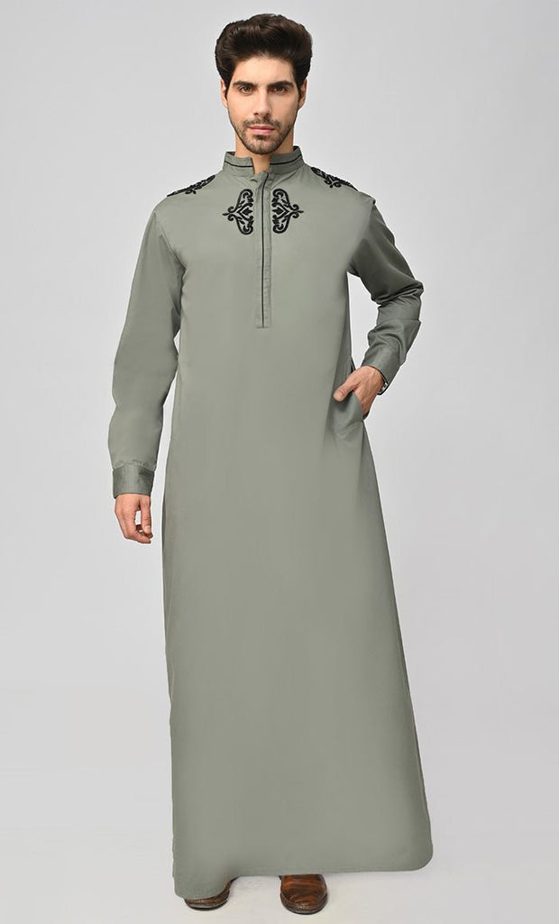 New Modest Islamic Mens Thobe/Juba With Embroidery And Pockets - Grey - Final Sale - EastEssence.com