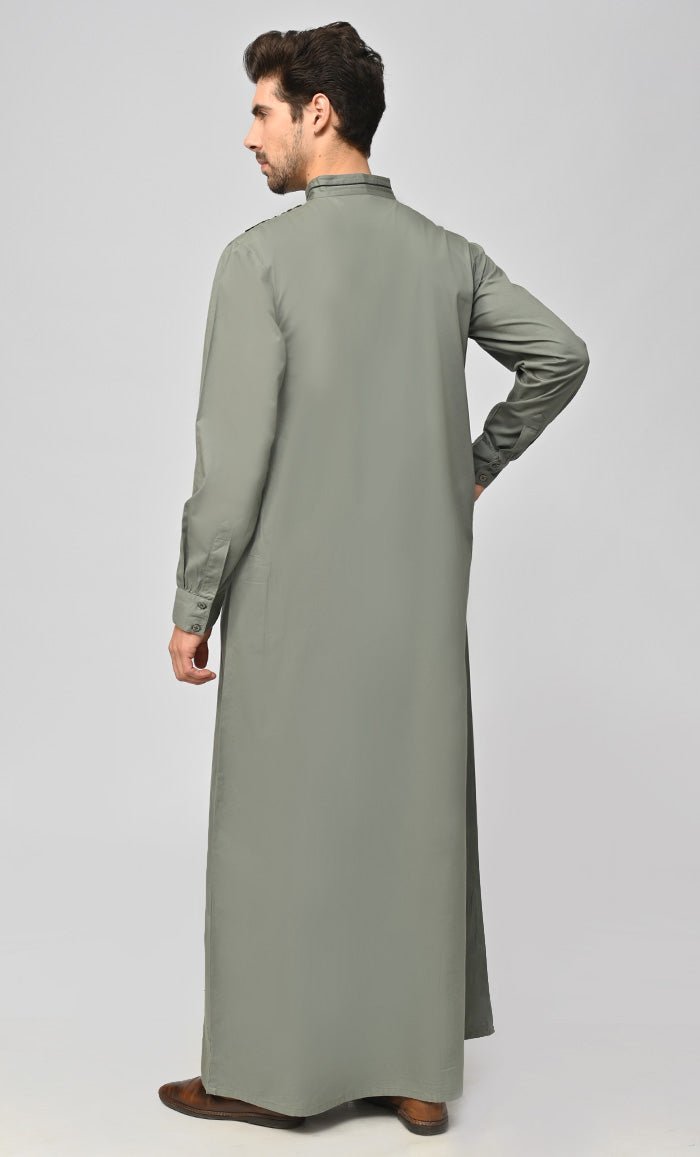 New Modest Islamic Mens Thobe/Juba With Embroidery And Pockets - Grey - Final Sale - EastEssence.com