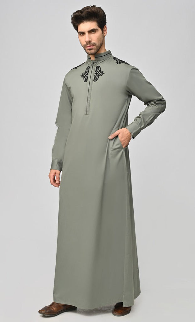 New Modest Islamic Mens Thobe/Juba With Embroidery And Pockets - Grey - Final Sale - EastEssence.com