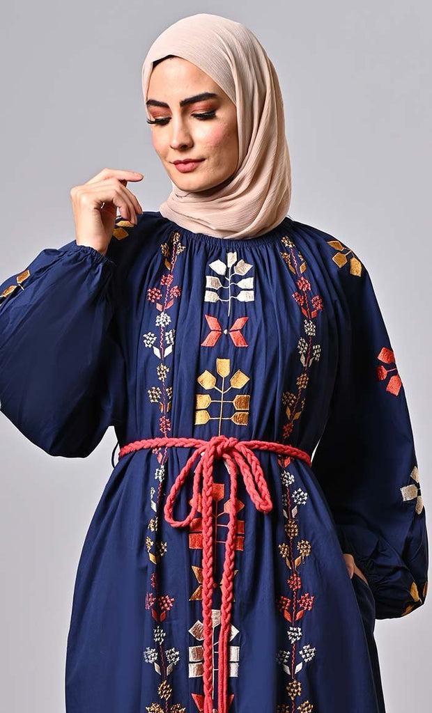 New Navy Bohemian Machine Embroidered Heavy Abaya - Final Sale - EastEssence.com