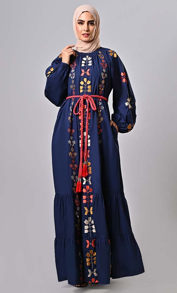 New Navy Bohemian Machine Embroidered Heavy Abaya - Final Sale - EastEssence.com