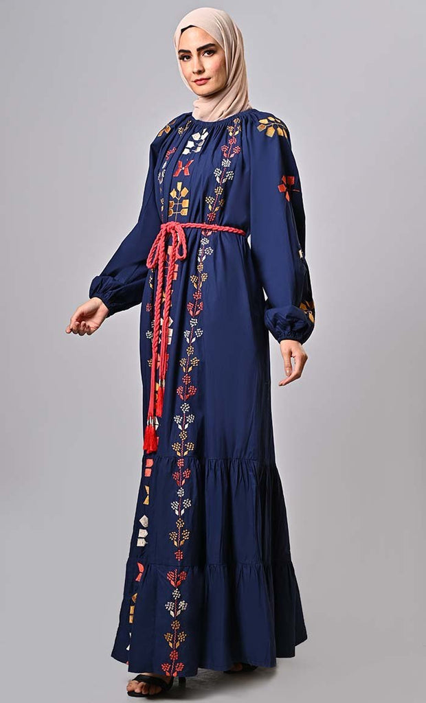 New Navy Bohemian Machine Embroidered Heavy Abaya - Final Sale - EastEssence.com