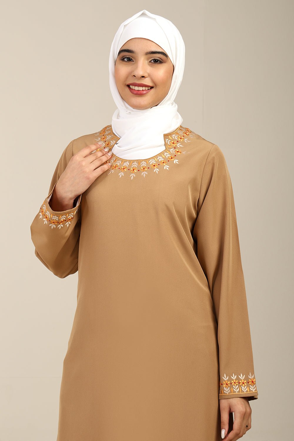 Nida A - Line Abaya with U - Shaped Embroidered Neck - EastEssence.com