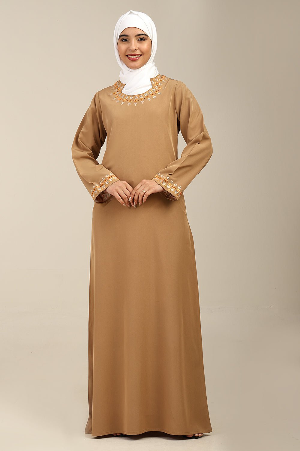 Nida A - Line Abaya with U - Shaped Embroidered Neck - EastEssence.com